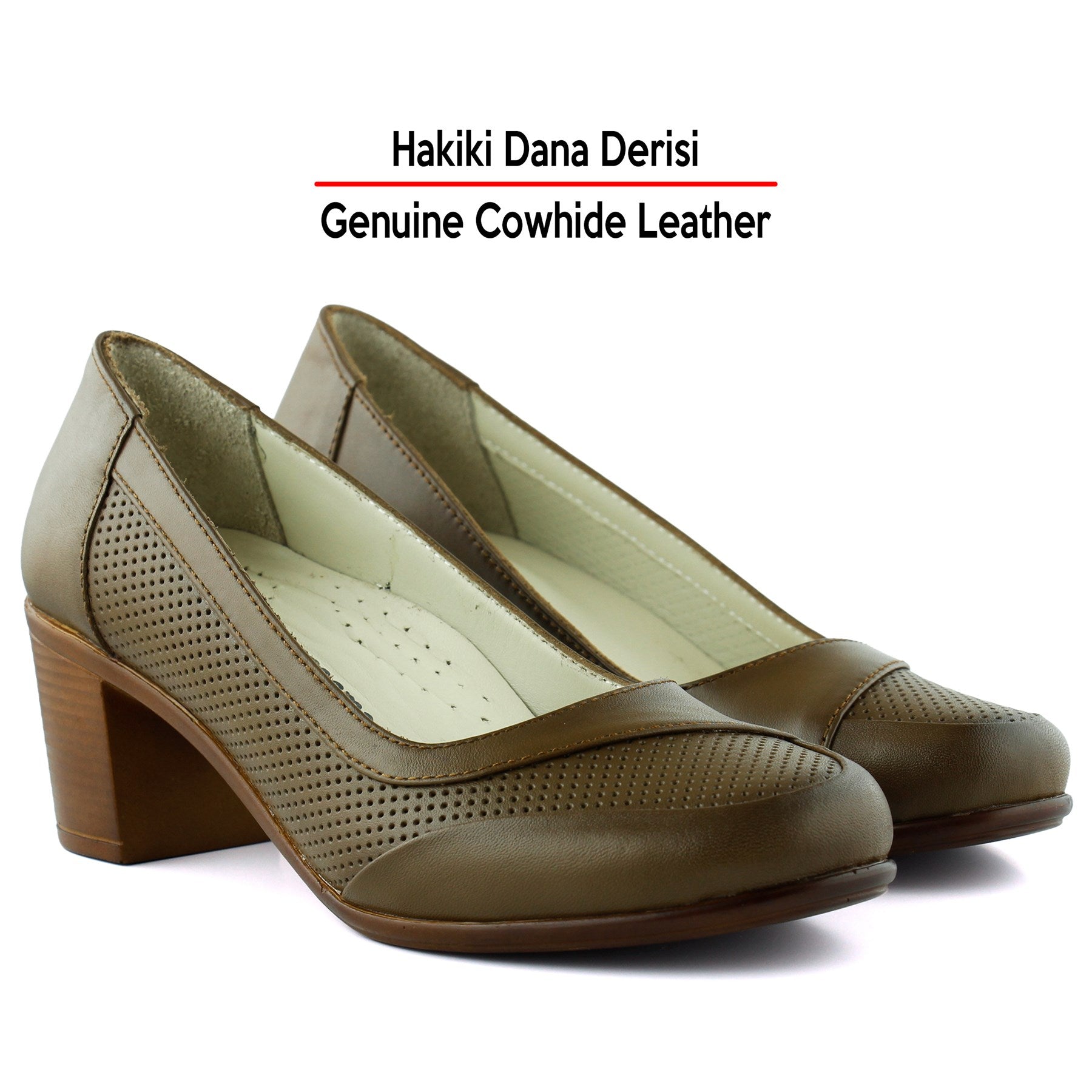 Sarah Kahverengi Hakiki Dana Derisi Delik Detaylı Kalın Topuklu Günlük Klasik Ayakkabı