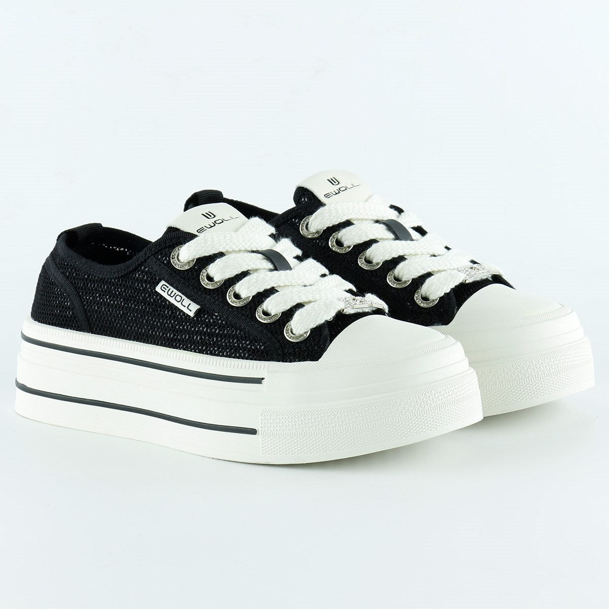 [5025] Siyah Beyaz Yüksek Taban Spor Fileli Taşlı Bağcıklı Platform Sneaker