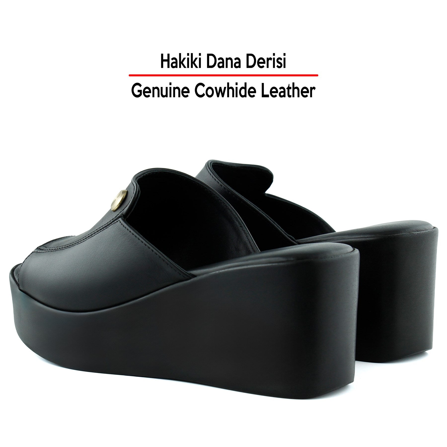 Tilda Siyah Hakiki Dana Derisi Metal Düğme Detaylı Önü Açık Dolgu Topuklu Terlik