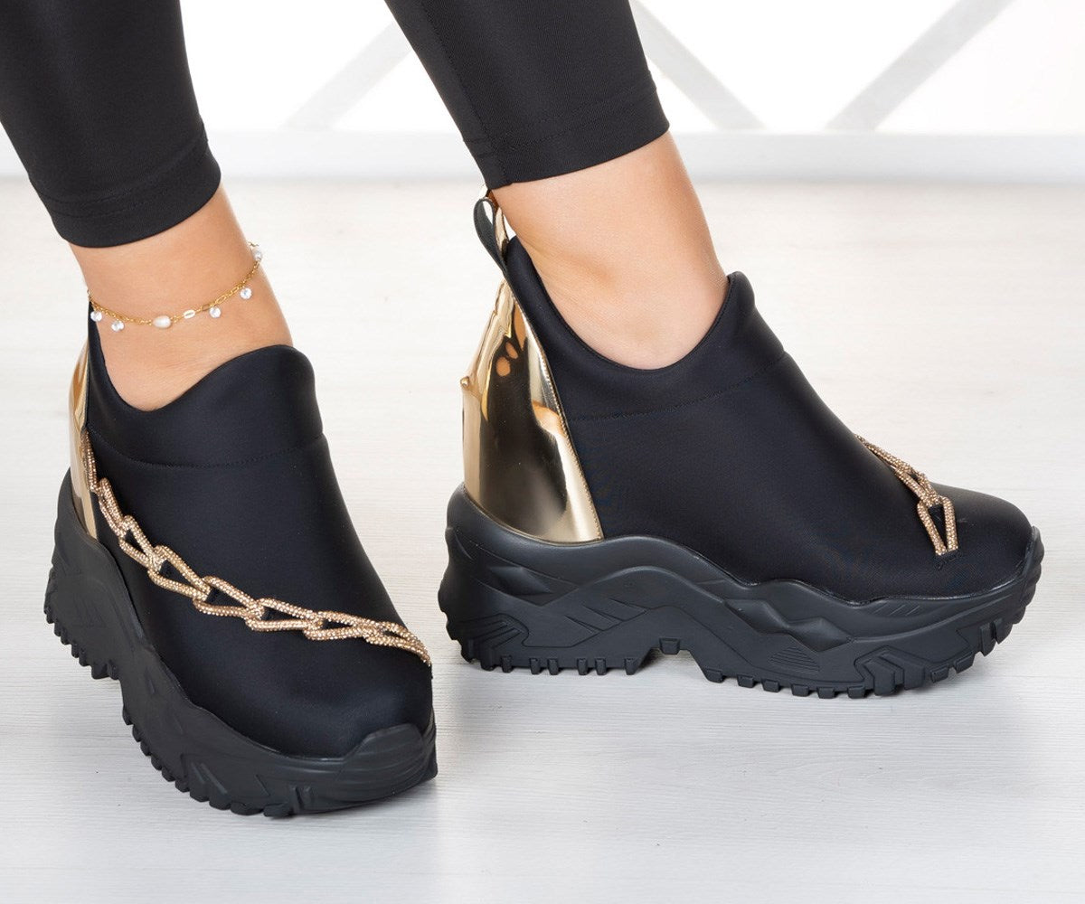 Maggie Siyah Streç Altın Zincirli Gizli Dolgu Günlük Ayakkabı