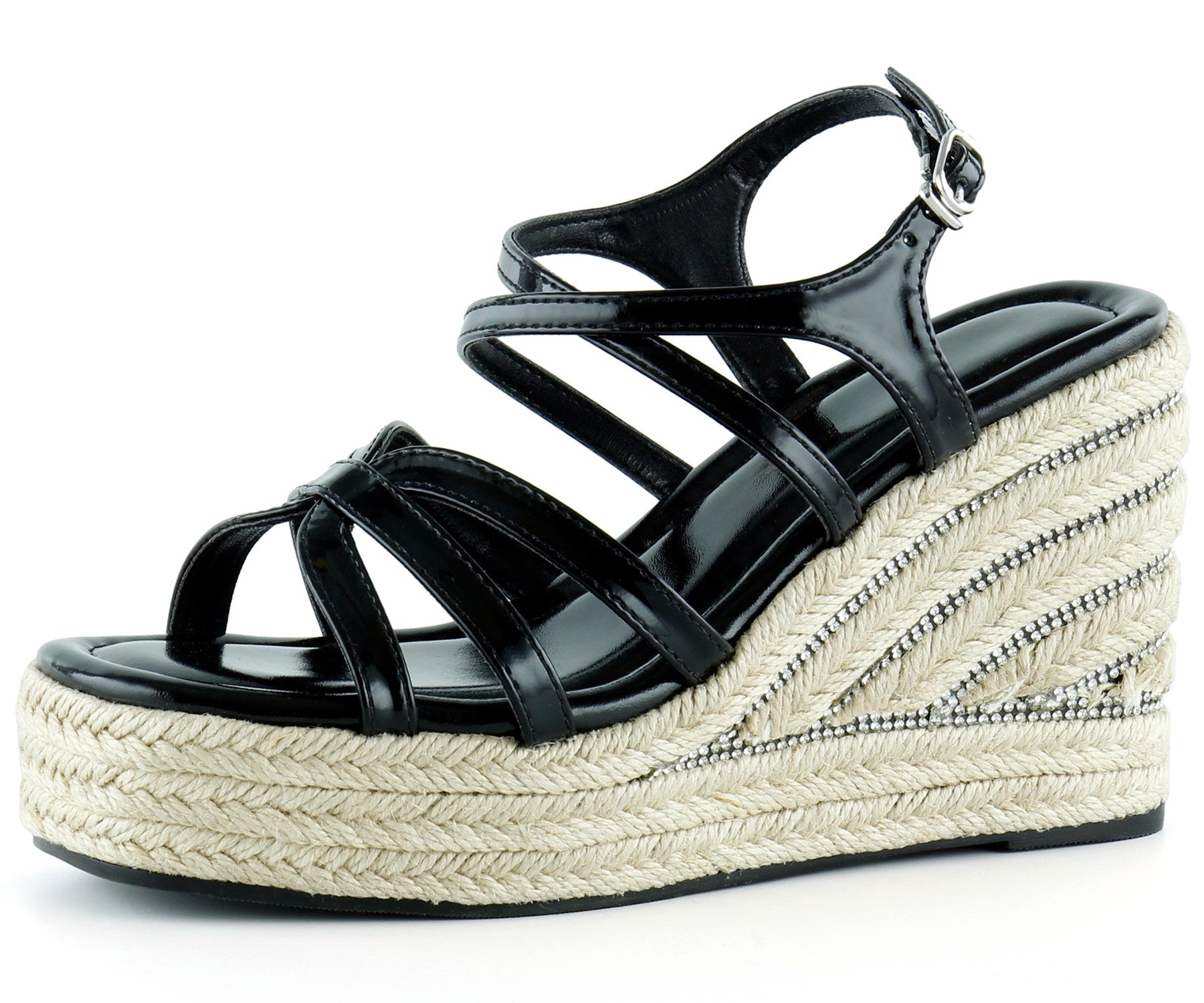 [7002] Siyah Rugan Çapraz Bantlı Taşlı Zikzak Örgü Jüt Platform Topuklu Sandalet