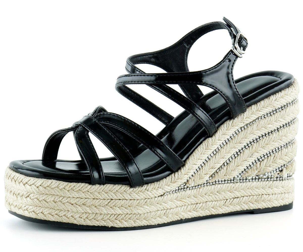 [7002] Siyah Rugan Çapraz Bantlı Taşlı Zikzak Örgü Jüt Platform Topuklu Sandalet