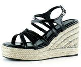 [7002] Siyah Rugan Çapraz Bantlı Taşlı Zikzak Örgü Jüt Platform Topuklu Sandalet