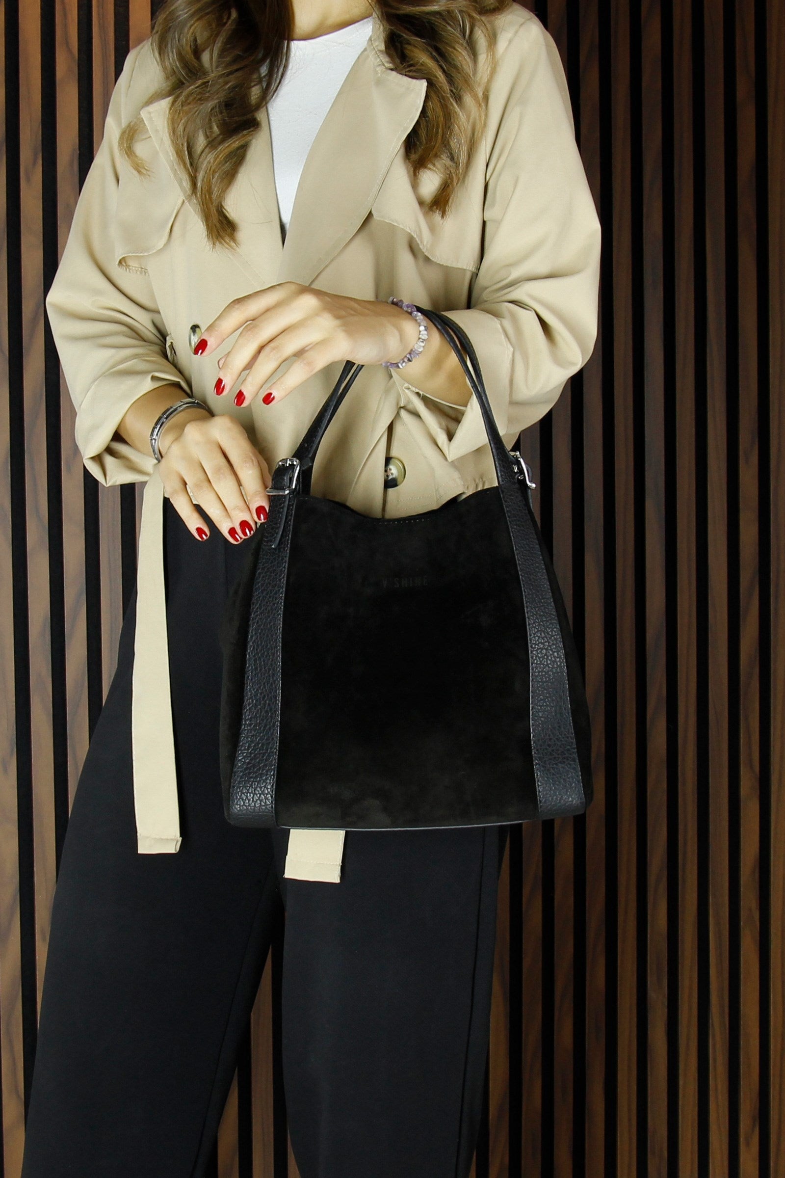 (VSN5012OC) Siyah Hakiki Dana Süet Manyetik Kapaklı Büyük Boy Günlük Omuz Çantası ve Askılı El Çantası