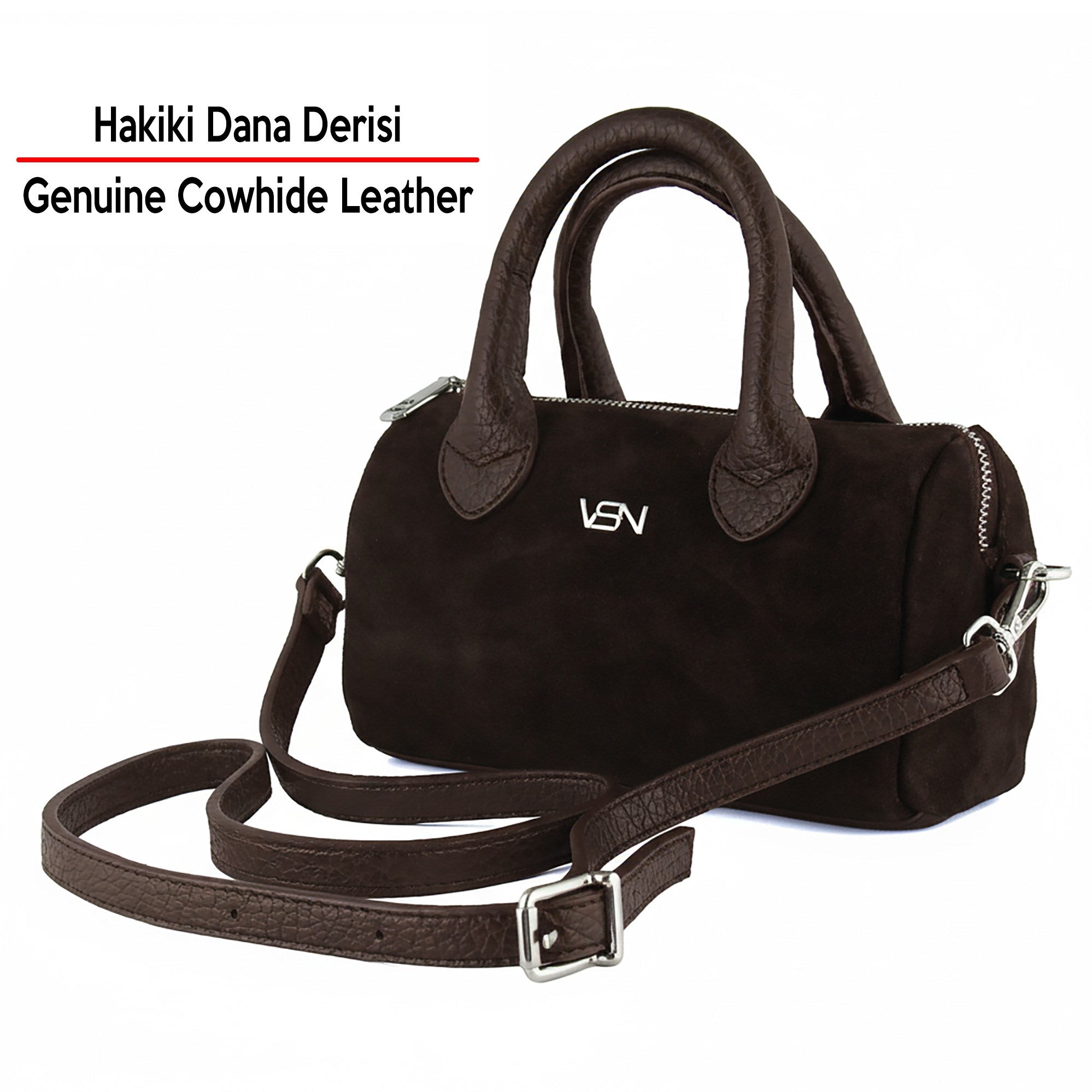 (VSN5019OC) Kahve Hakiki Dana Süet Fermuarlı Askılı İç Cepli Küçük Boy Günlük Omuz Çantası