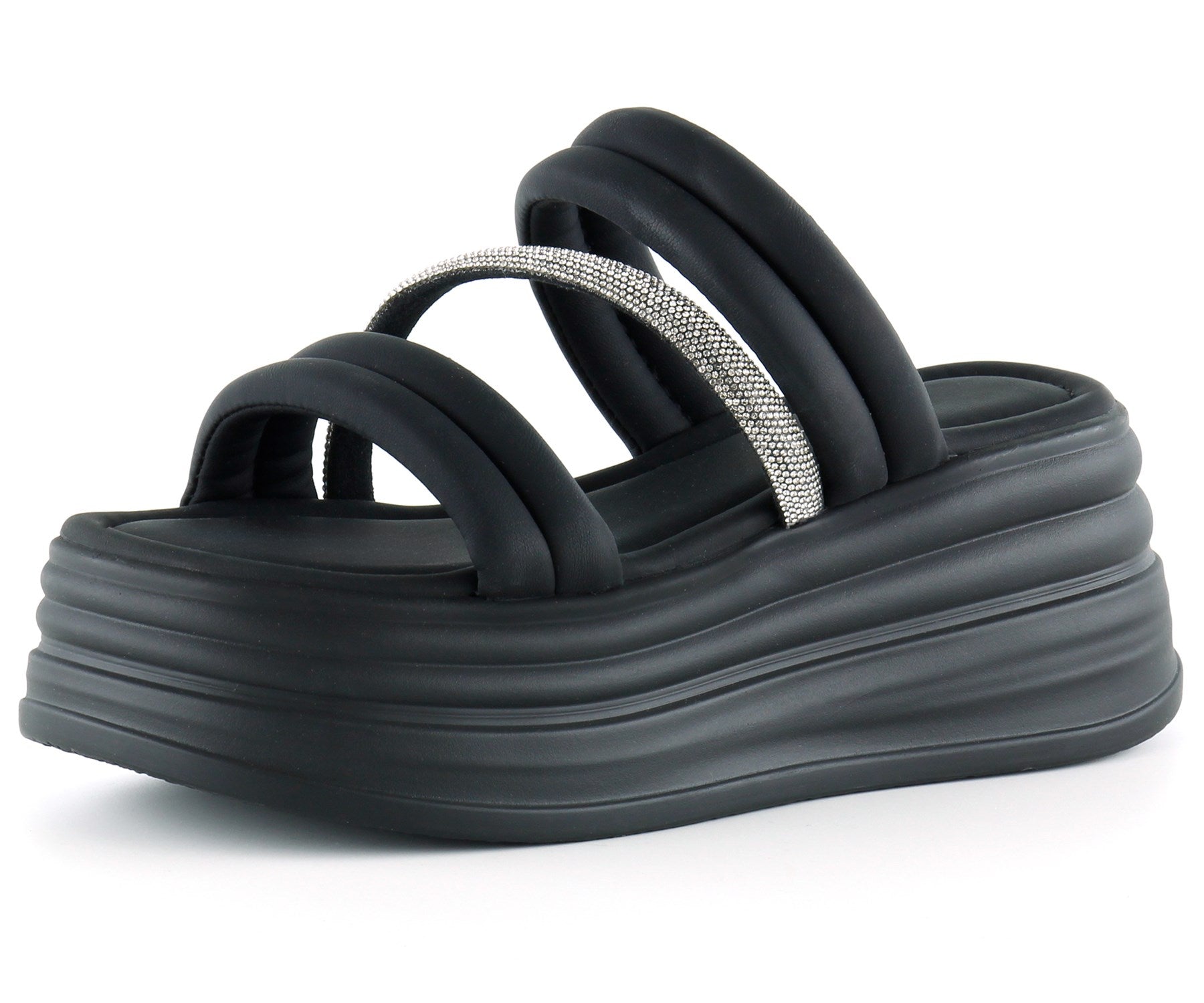 [7028] Siyah Dolgu Taban Gümüş Taşlı Bantlı Platform Terlik