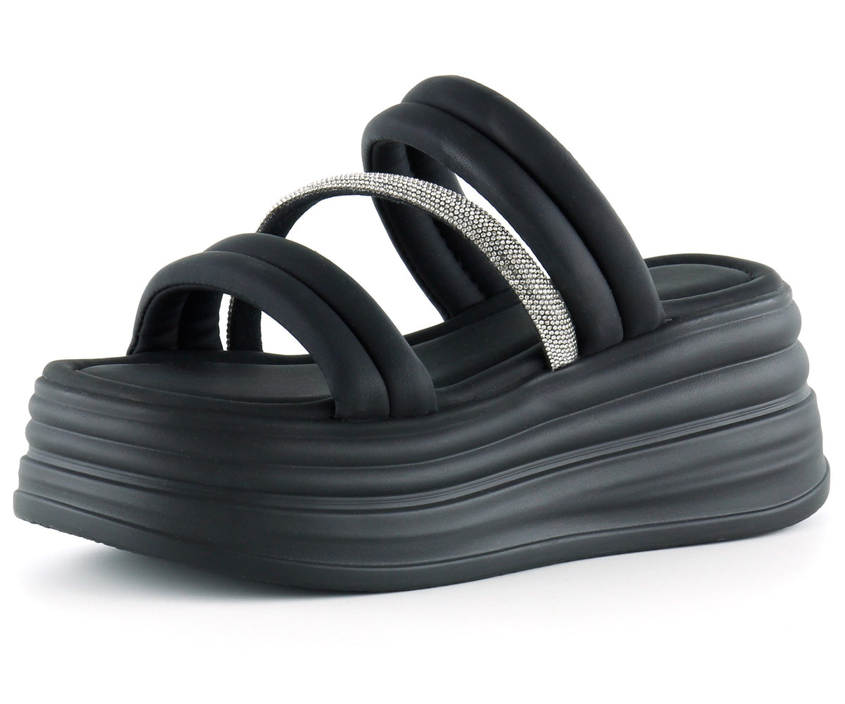 [7028] Siyah Dolgu Taban Gümüş Taşlı Bantlı Platform Terlik