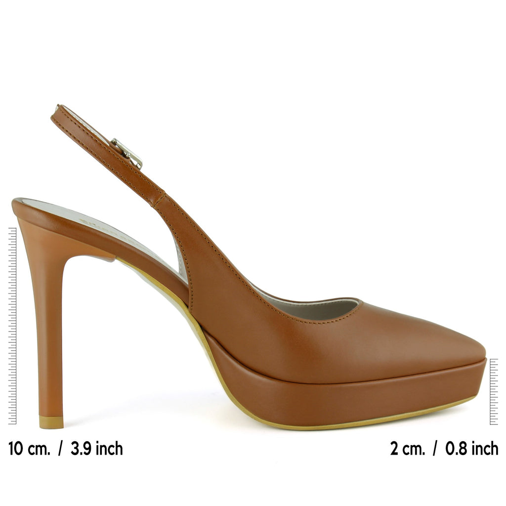Scarlett Slingback Taba Vegan Sivri Burun Arkası Açık İnce Platform Topuklu Ayakkabı
