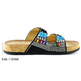 [7048] Siyah Sabit Çift Bantlı Renkli Taşlı Boncuklu Mantar Taban Görünümlü Terlik
