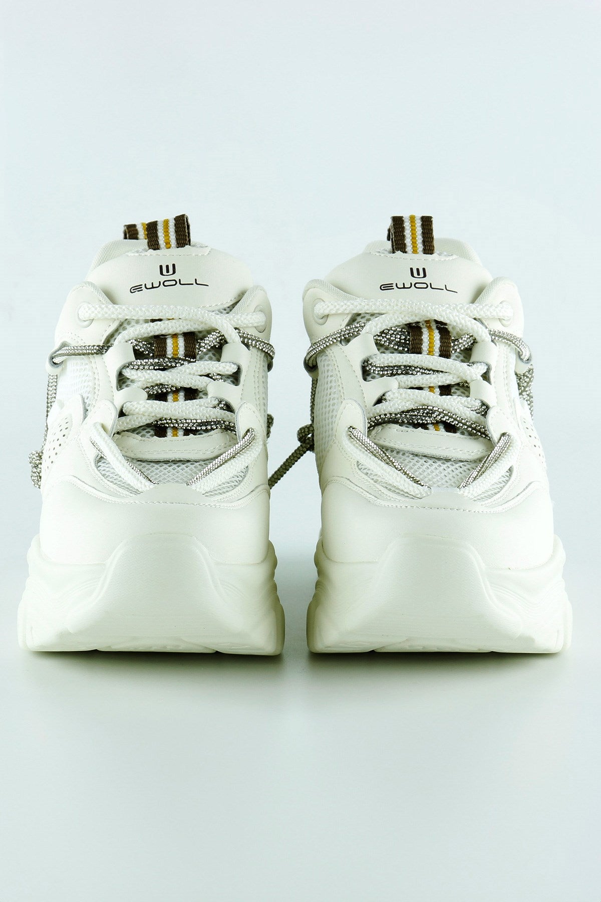 [5038] Ekru Yüksek Taban Spor Fileli Taşlı Bağcıklı Platform Sneaker