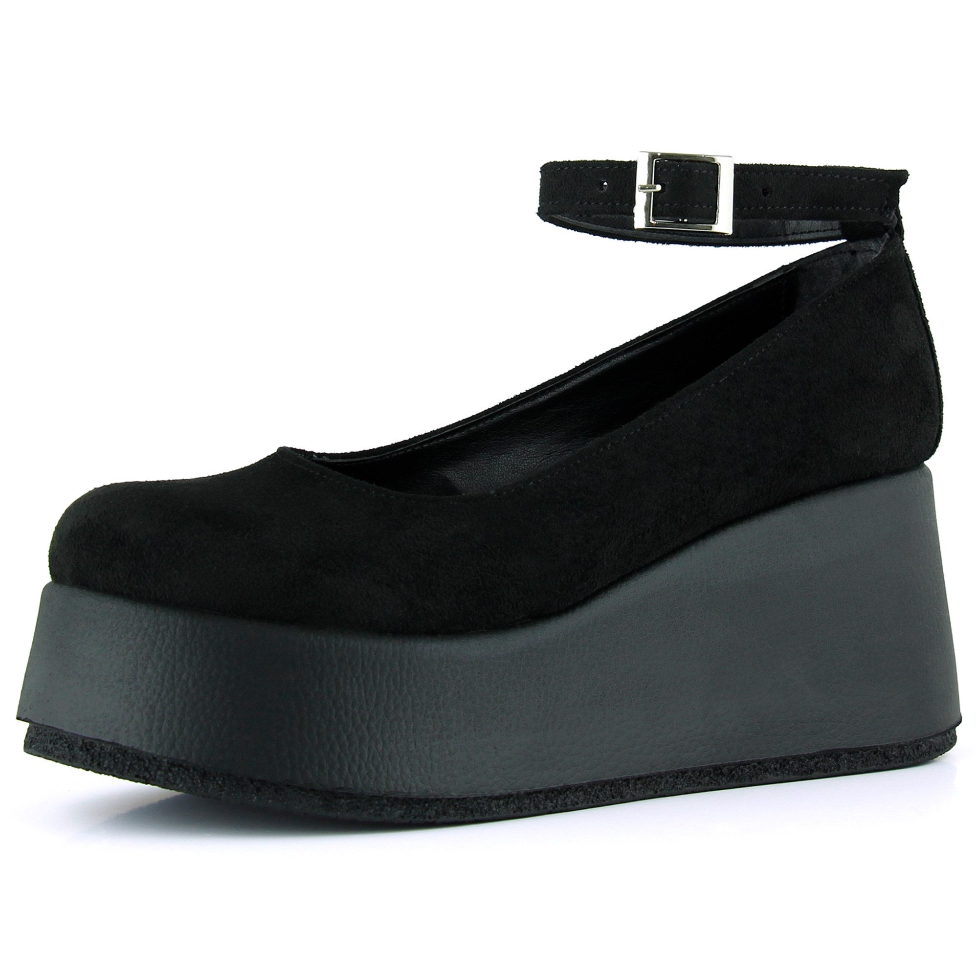 Nevada Siyah Süet Yuvarlak Burun Bantlı Dolgu Topuklu Günlük Ayakkabı