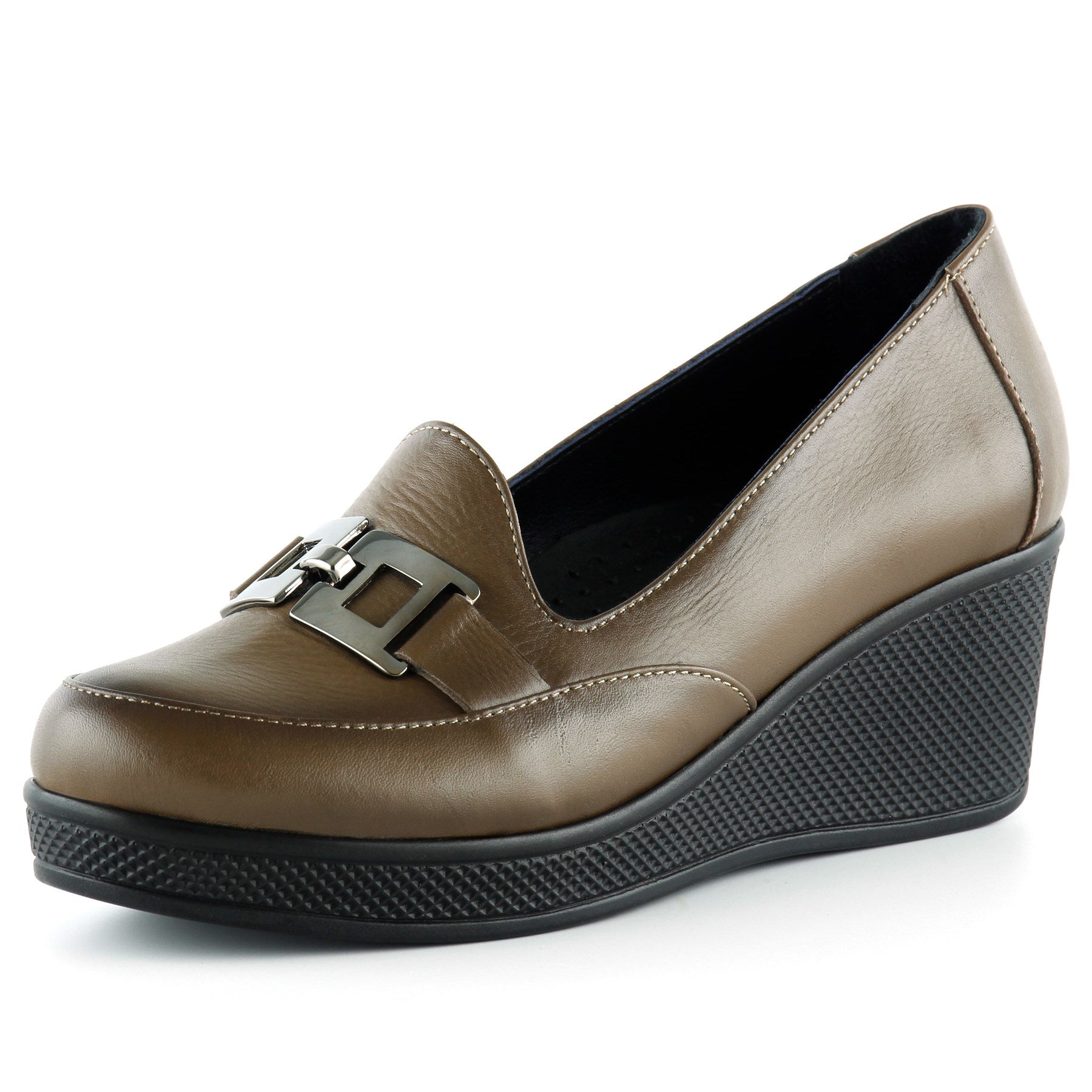 Dafne Kahverengi Hakiki Deri Tokalı Yuvarlak Burun Dolgu Topuklu Günlük Ayakkabı