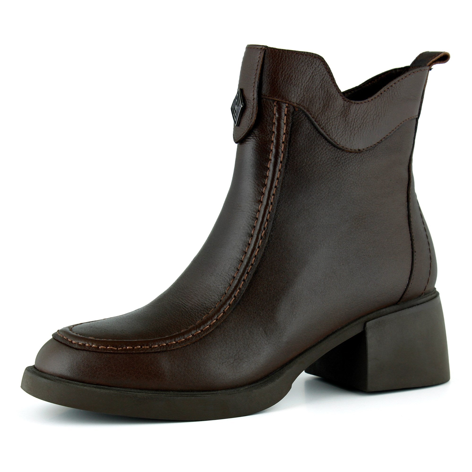 [MAX 523] Kahverengi Hakiki Dana Derisi Tokalı Fermuarlı Yuvarlak Burun Kalın Topuklu Günlük Bot