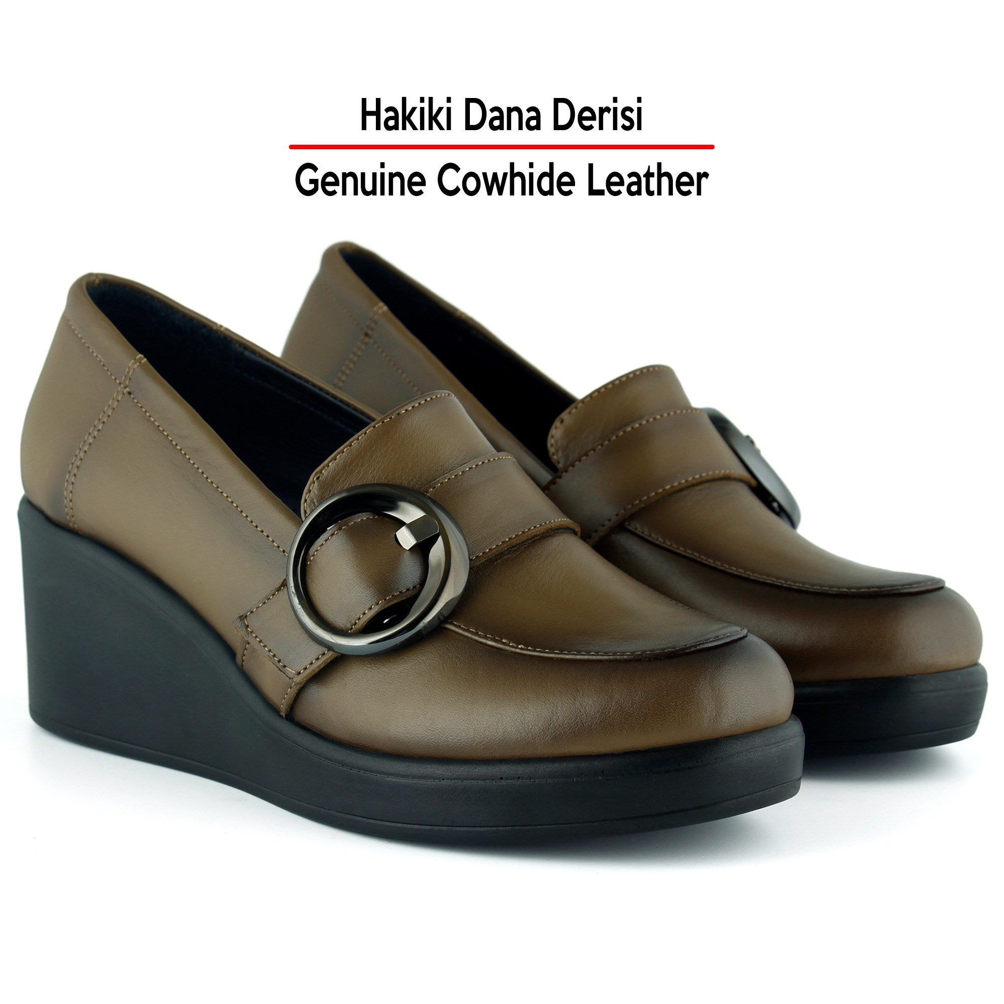 Madeline Ceviz Hakiki Dana Derisi Tokalı Yuvarlak Burun Dolgu Topuklu Günlük Ayakkabı