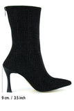 Nell Siyah Süet Taşlı Sivri Burun Fermuarlı İnce Topuklu Abiye Yarım Çizme