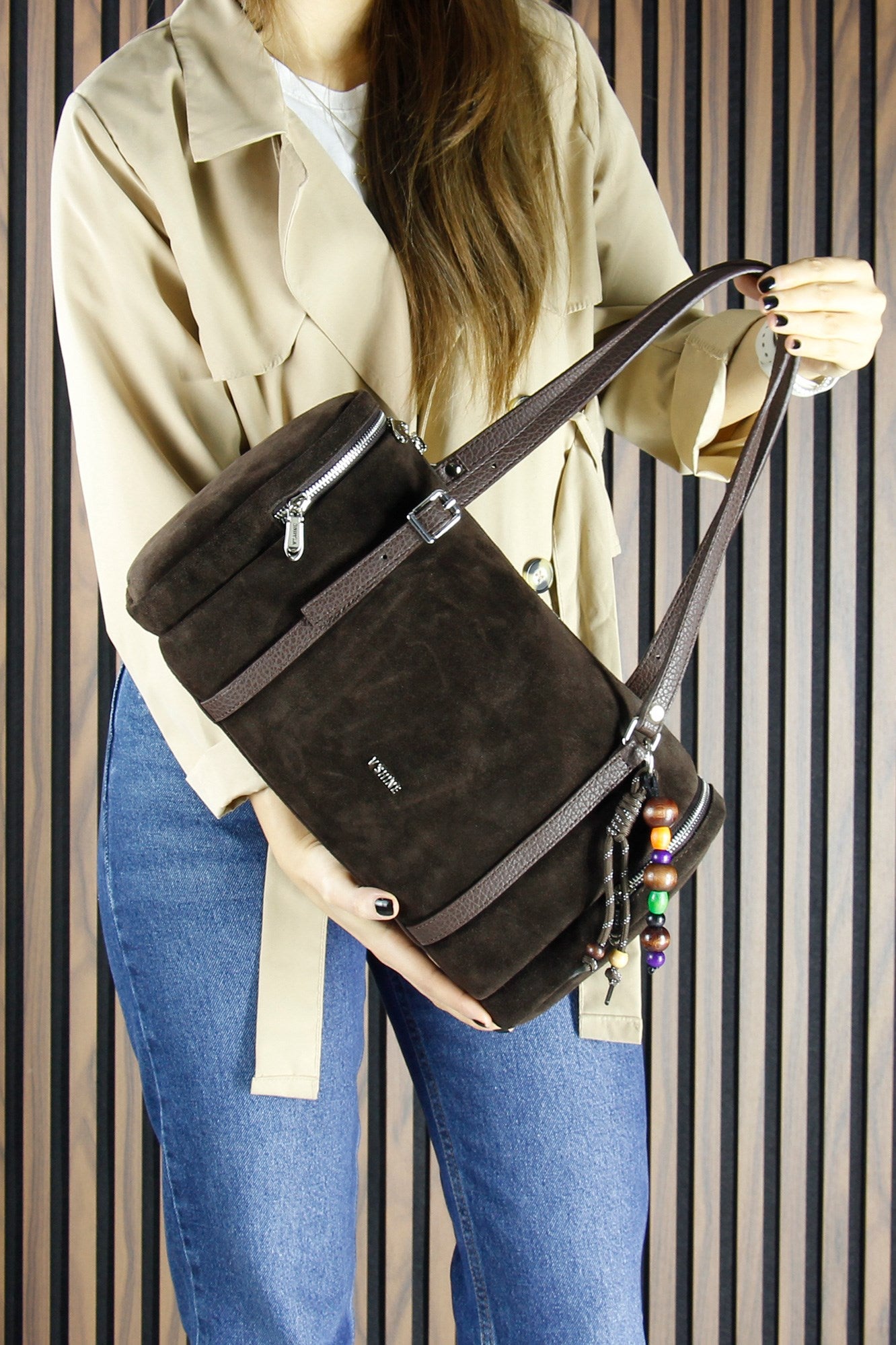(VSN5020OC) Kahve Hakiki Dana Süet Fermuarlı Üç Bölmeli Boncuk Aksesuarlı Günlük Büyük Boy Omuz Çantası