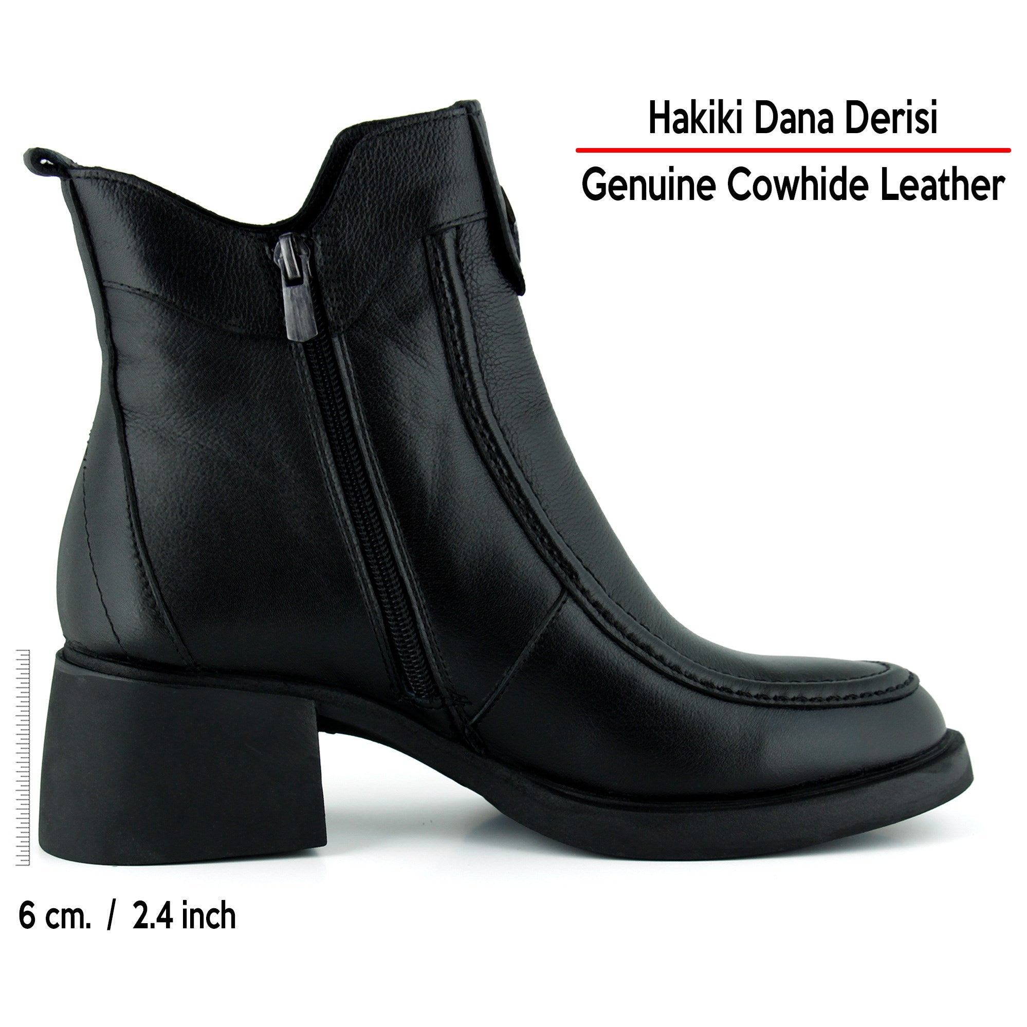 [MAX 523] Siyah Hakiki Dana Derisi Tokalı Fermuarlı Yuvarlak Burun Kalın Topuklu Günlük Bot