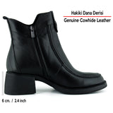 [MAX 523] Siyah Hakiki Dana Derisi Tokalı Fermuarlı Yuvarlak Burun Kalın Topuklu Günlük Bot