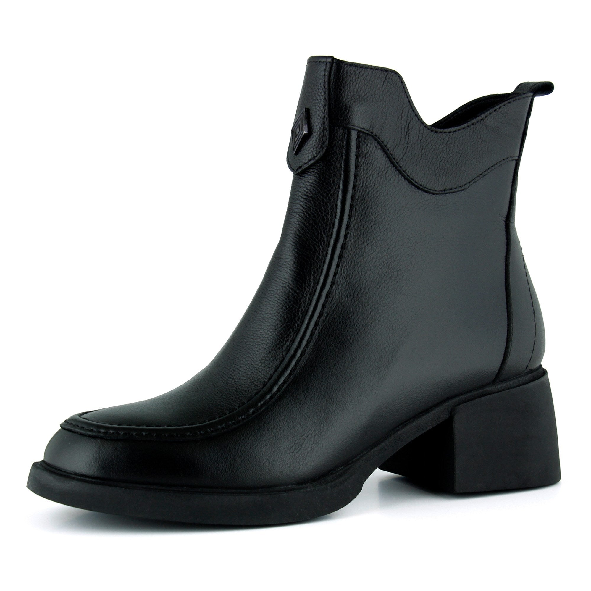 [MAX 523] Siyah Hakiki Dana Derisi Tokalı Fermuarlı Yuvarlak Burun Kalın Topuklu Günlük Bot