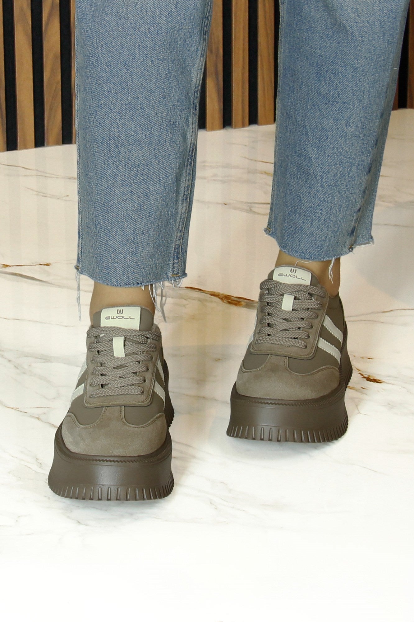 [8031] Kahverengi Vegan Süet Yuvarlak Burun Bağcıklı Flatform Taban Günlük Sneaker Spor Ayakkabı