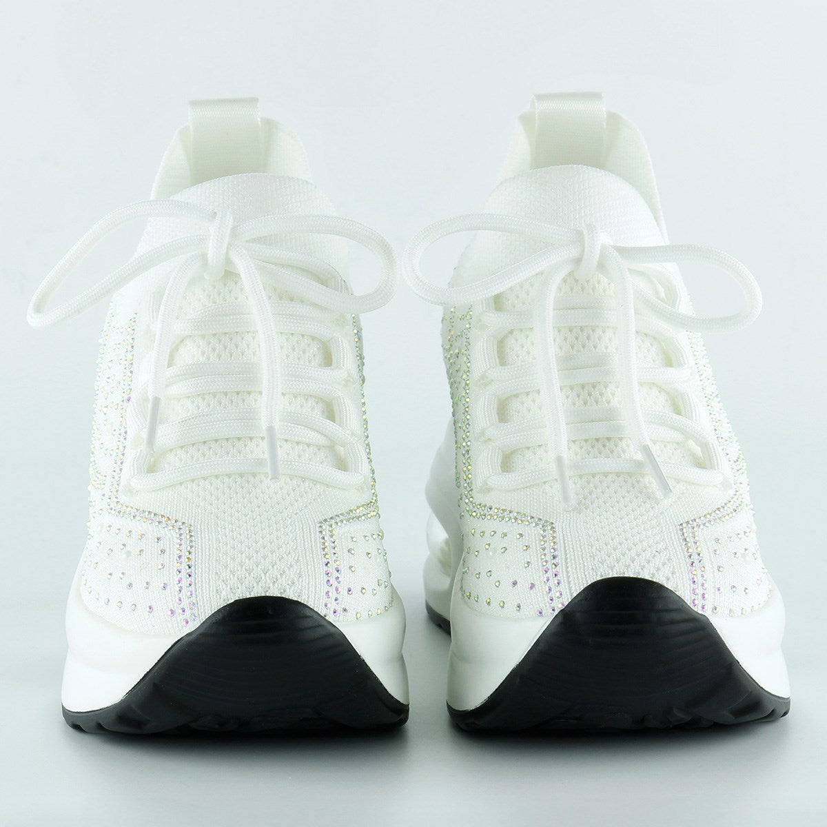 [5035] Beyaz Örgü Dokuma Kristal Taşlı Bağcıklı Hava Yastıklı Taban Gizli Dolgu Slip-on Sneaker