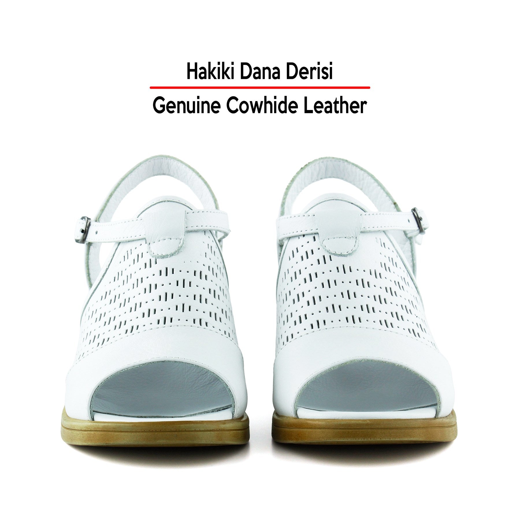 Amanda Beyaz Hakiki Dana Derisi Kesik Detaylı Ayarlanabilir Tokalı Kalın Topuklu Günlük Sandalet