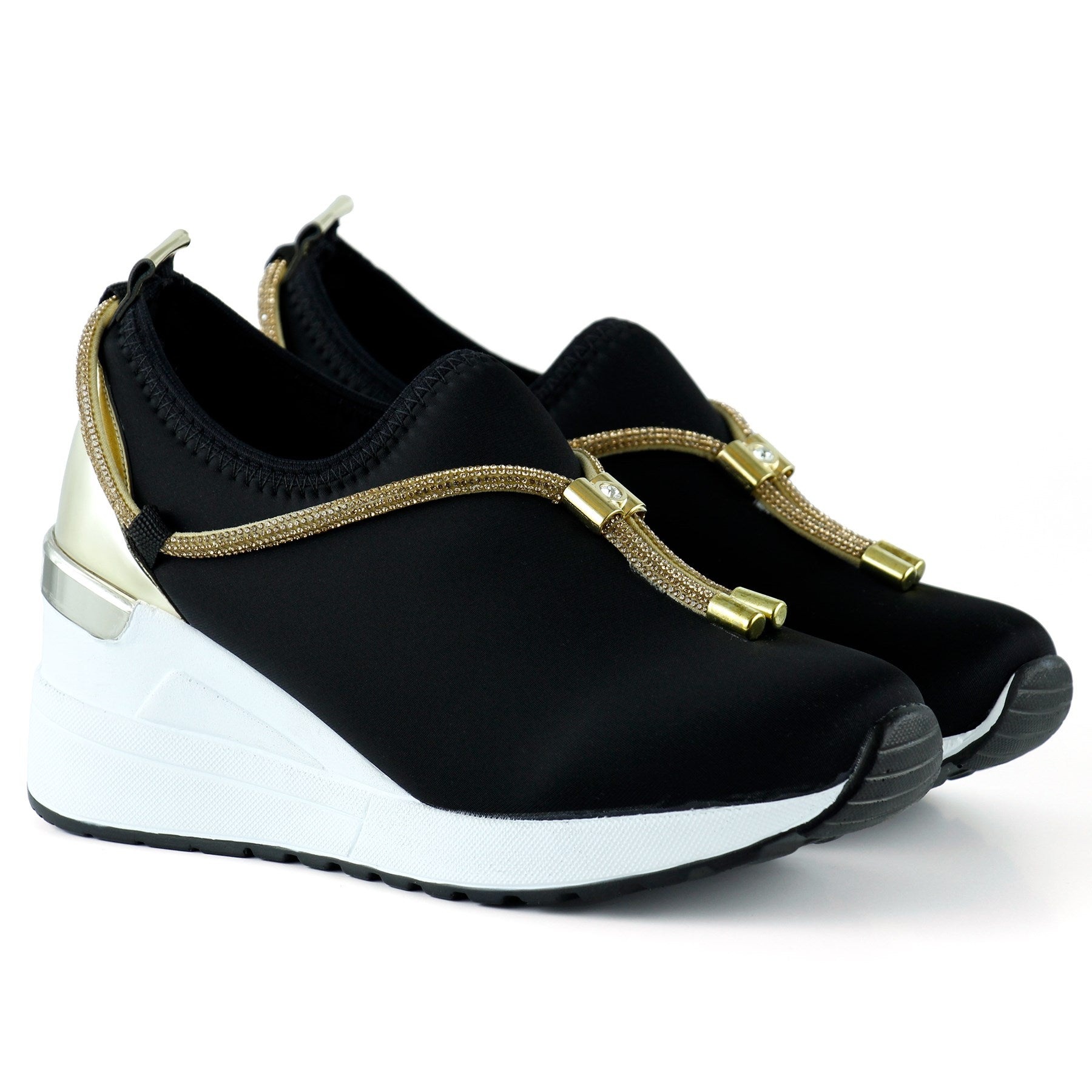 Ellie Altın Streç Zincirli Taşlı Tokalı Metal Detaylı Dolgu Topuklu Günlük Ayakkabı