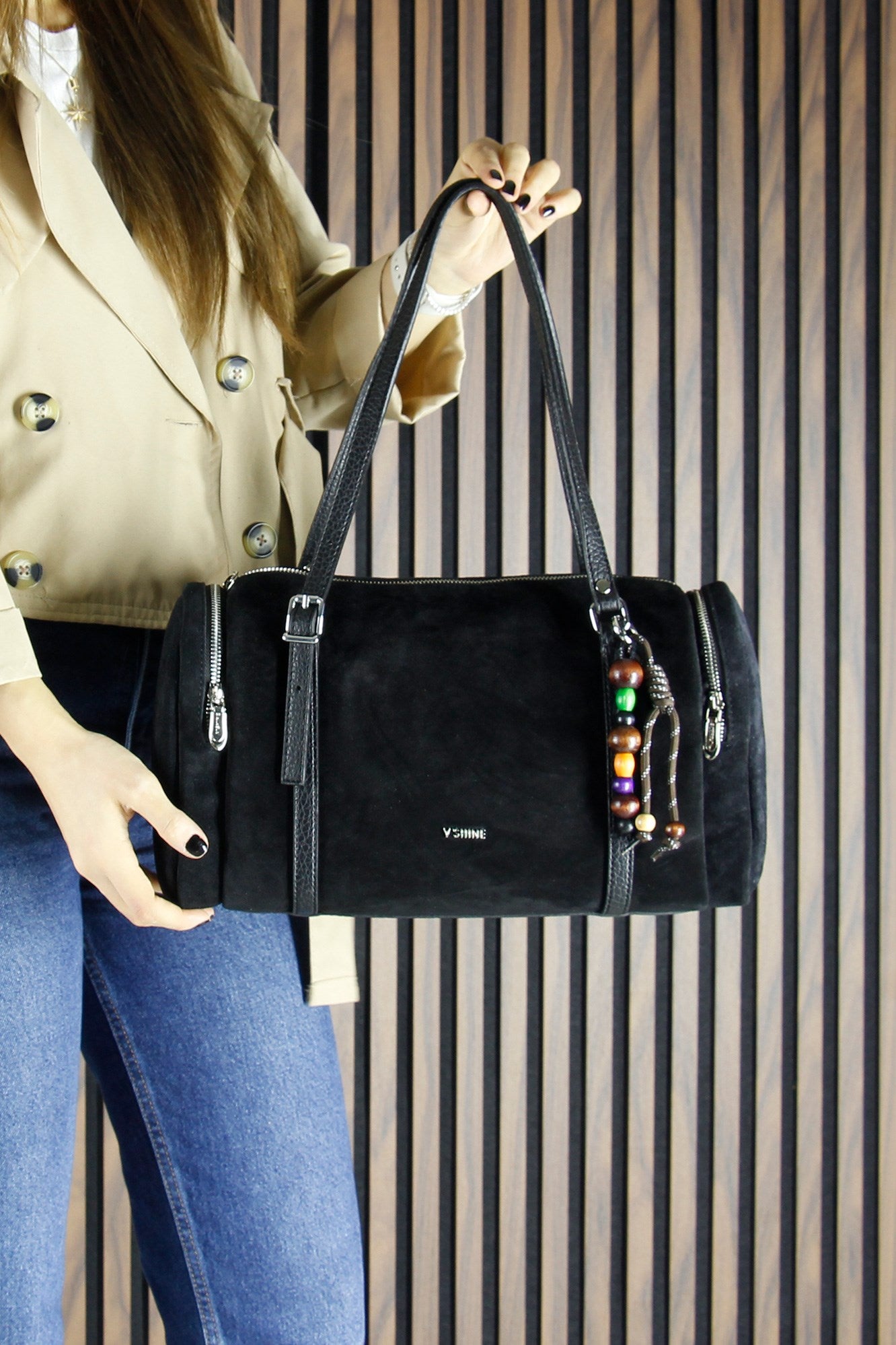 (VSN5020OC) Siyah Hakiki Dana Süet Fermuarlı Üç Bölmeli Boncuk Aksesuarlı Günlük Büyük Boy Omuz Çantası