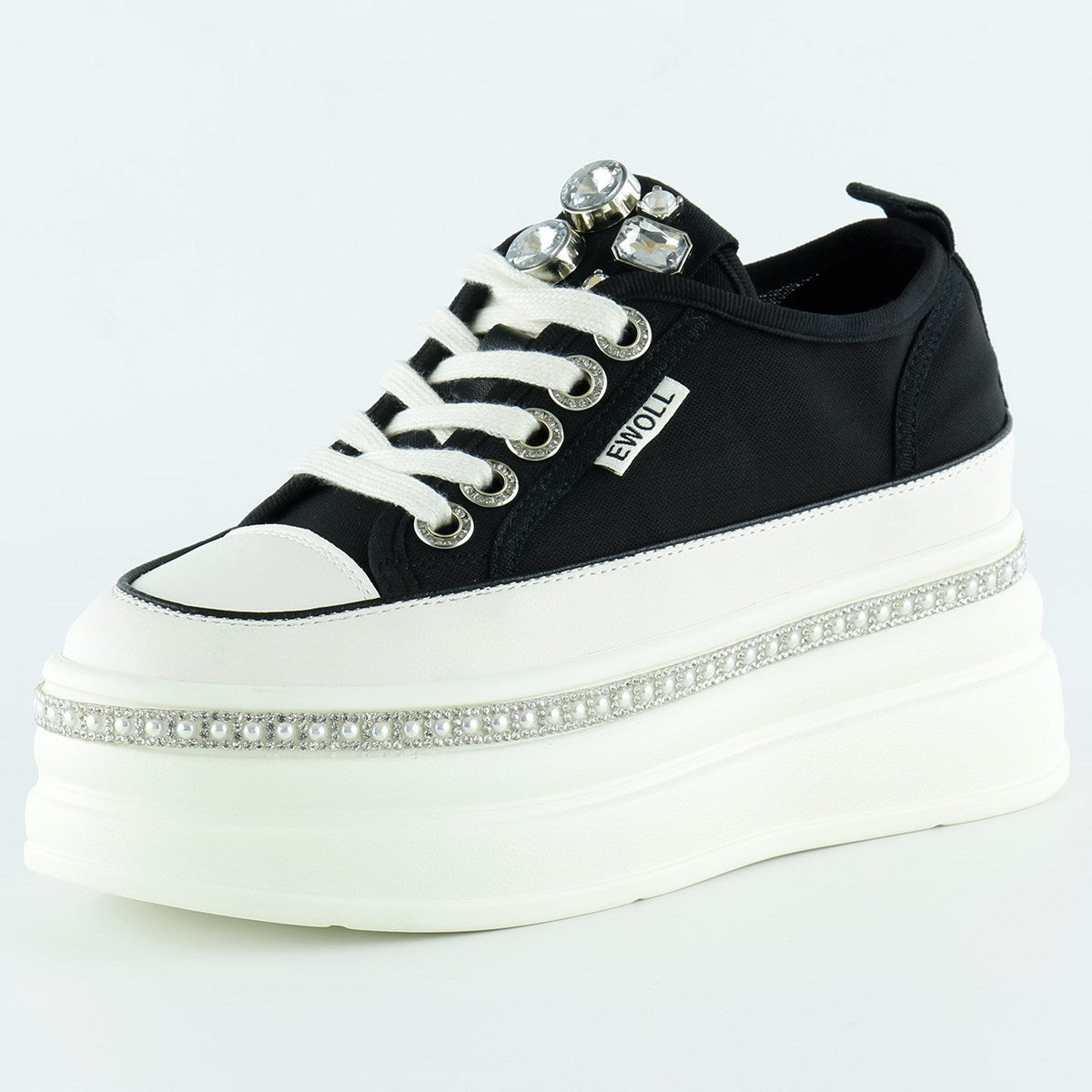[5030] Siyah Beyaz Yüksek Taban Spor Kristal Taşlı İnci Detaylı Bağcıklı Platform Sneaker