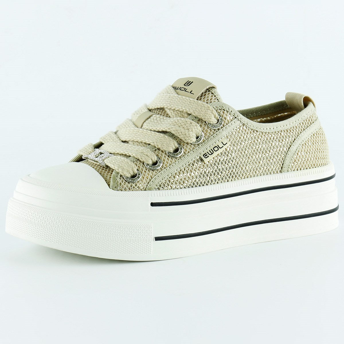 [5025] Bej Yüksek Taban Spor Fileli Taşlı Bağcıklı Platform Sneaker