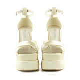 Celine Ten Saten Önü Açık Çapraz Bantlı Çift Platformlu Kalın Topuklu Abiye Ayakkabı