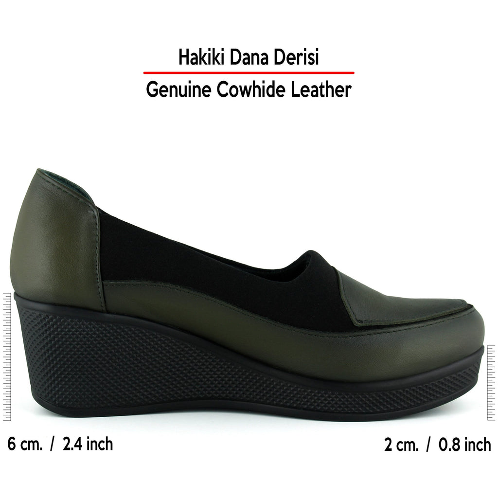 Priscilla Haki Hakiki Dana Derisi Streç Dolgu Topuklu Günlük Ayakkabı