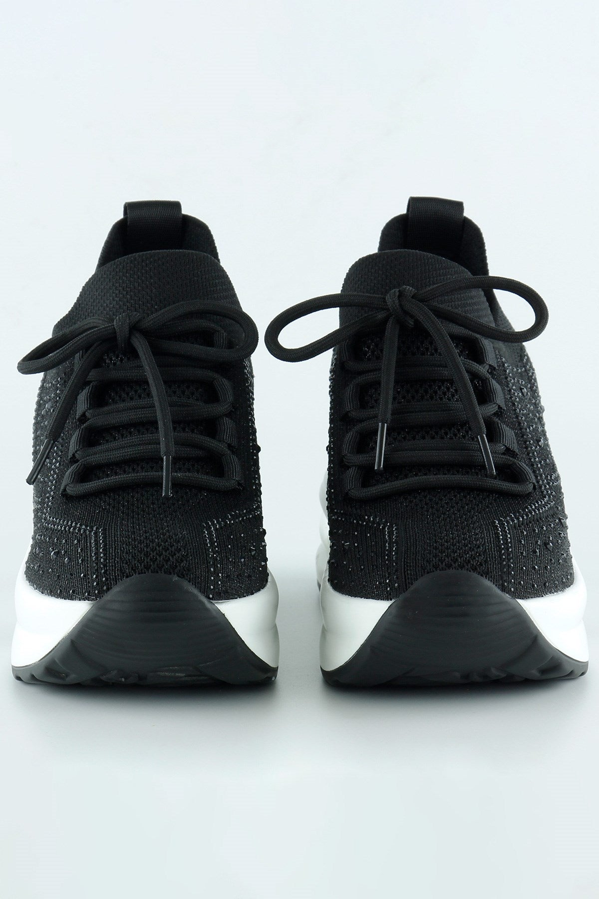 [5035] Siyah Beyaz Örgü Dokuma Kristal Taşlı Bağcıklı Hava Yastıklı Taban Gizli Dolgu Slip-on Sneake