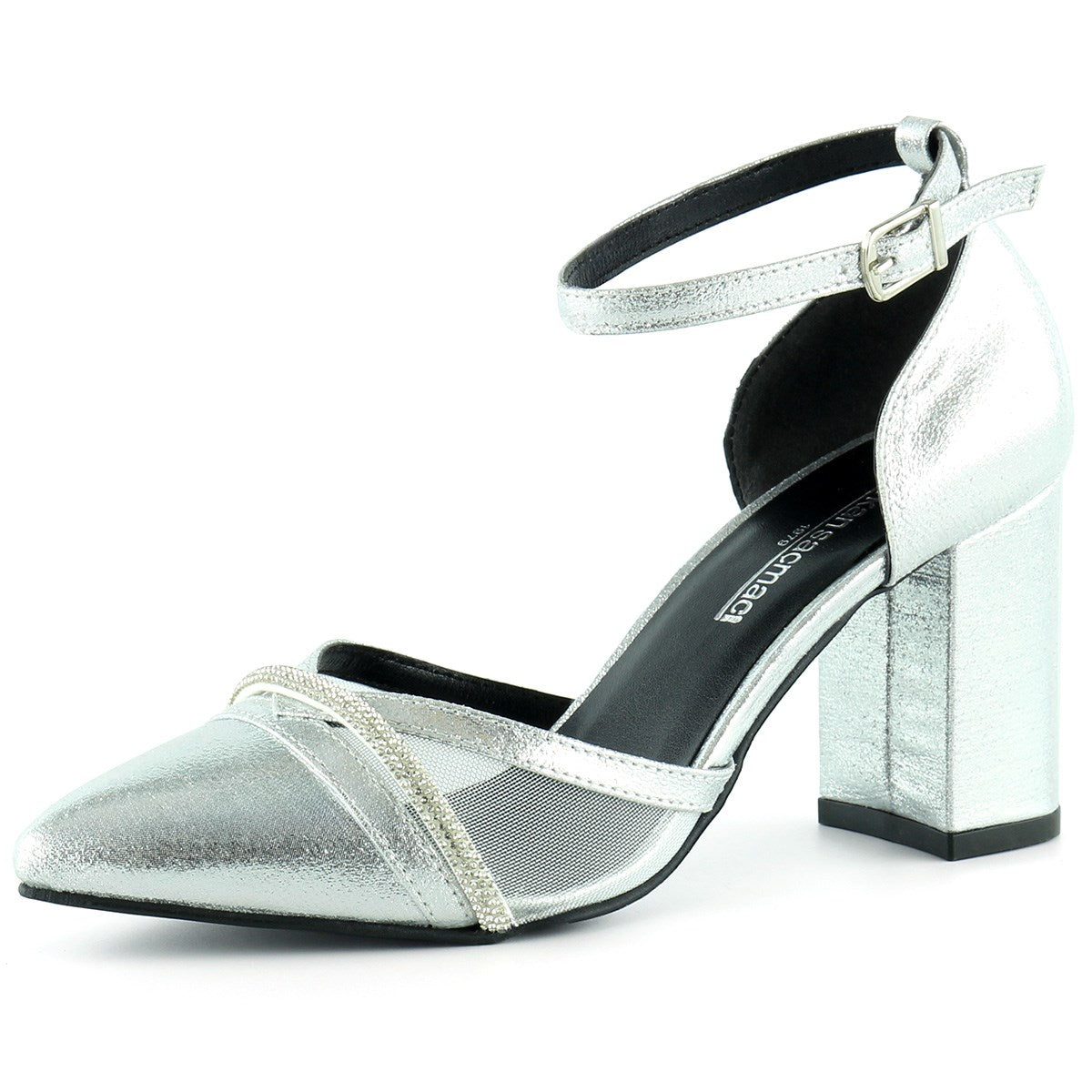 Molly Lame Taşlı Fileli Kalın Topuklu Ayakkabı