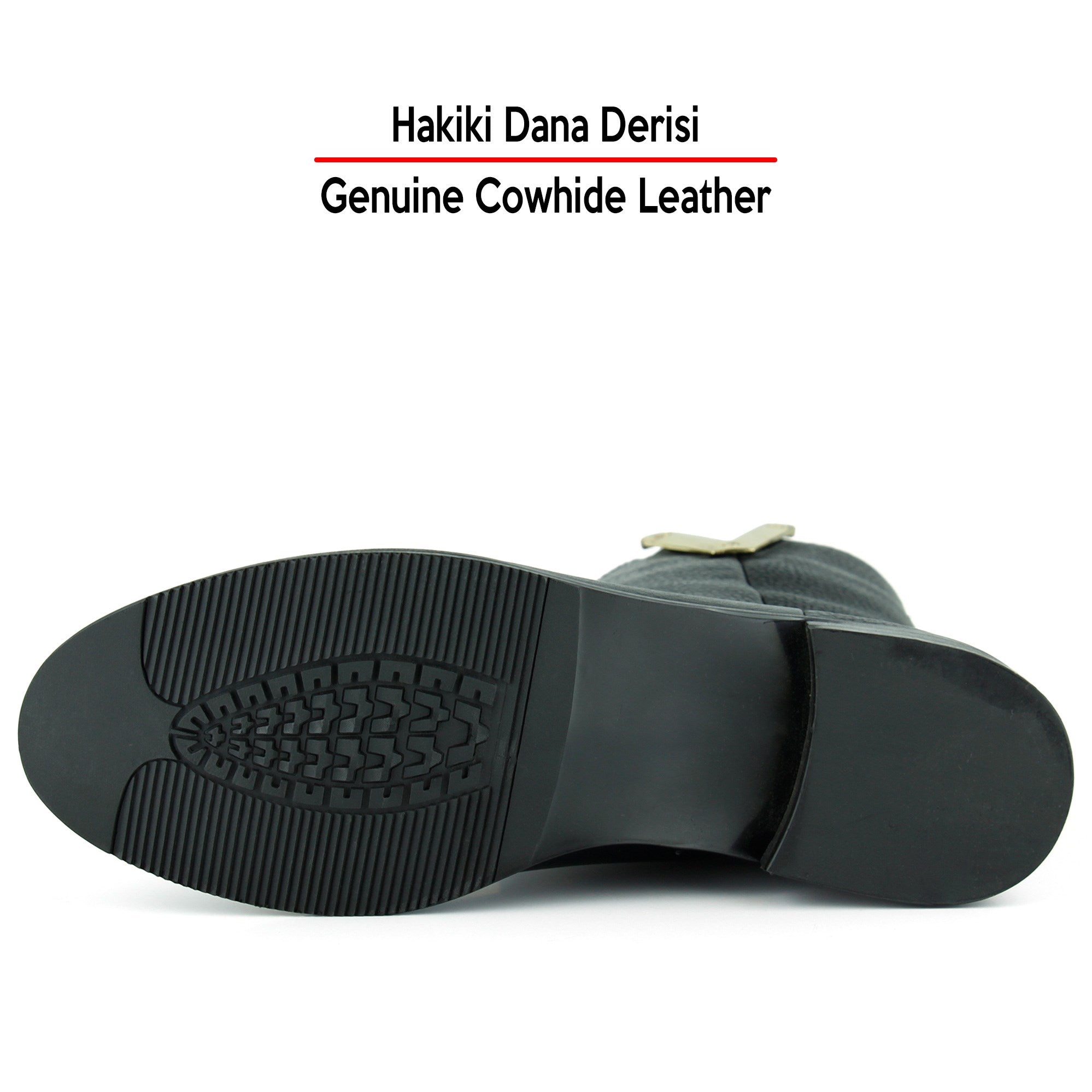 [MAX 426] Siyah Hakiki Dana Derisi Metal Detaylı Fermuarlı Yuvarlak Burun Kalın Topuklu Günlük Bot