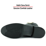 [MAX 426] Siyah Hakiki Dana Derisi Metal Detaylı Fermuarlı Yuvarlak Burun Kalın Topuklu Günlük Bot
