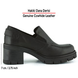 [MAX 5045] Kahverengi Hakiki Dana Derisi Lastikli Tokalı Kalın Topuklu Günlük Loafer Ayakkabı