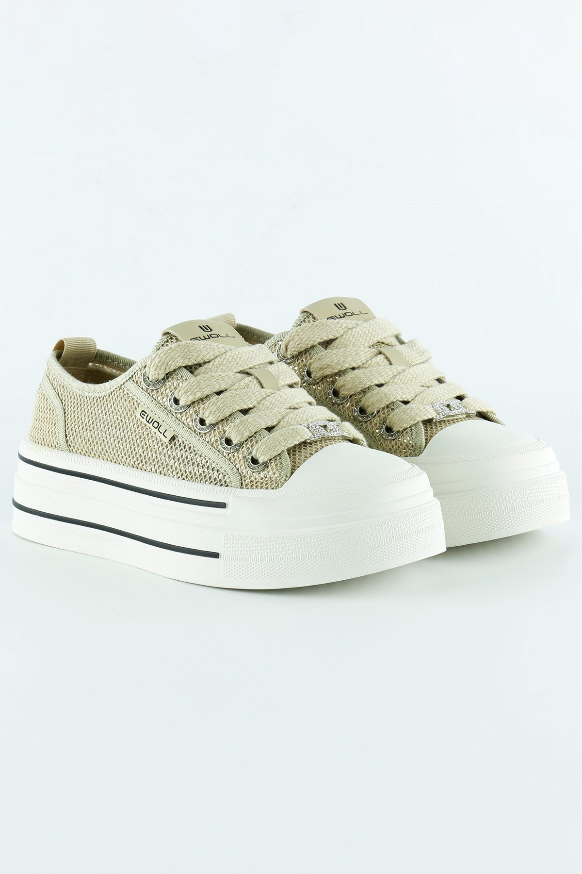 [5025] Bej Yüksek Taban Spor Fileli Taşlı Bağcıklı Platform Sneaker