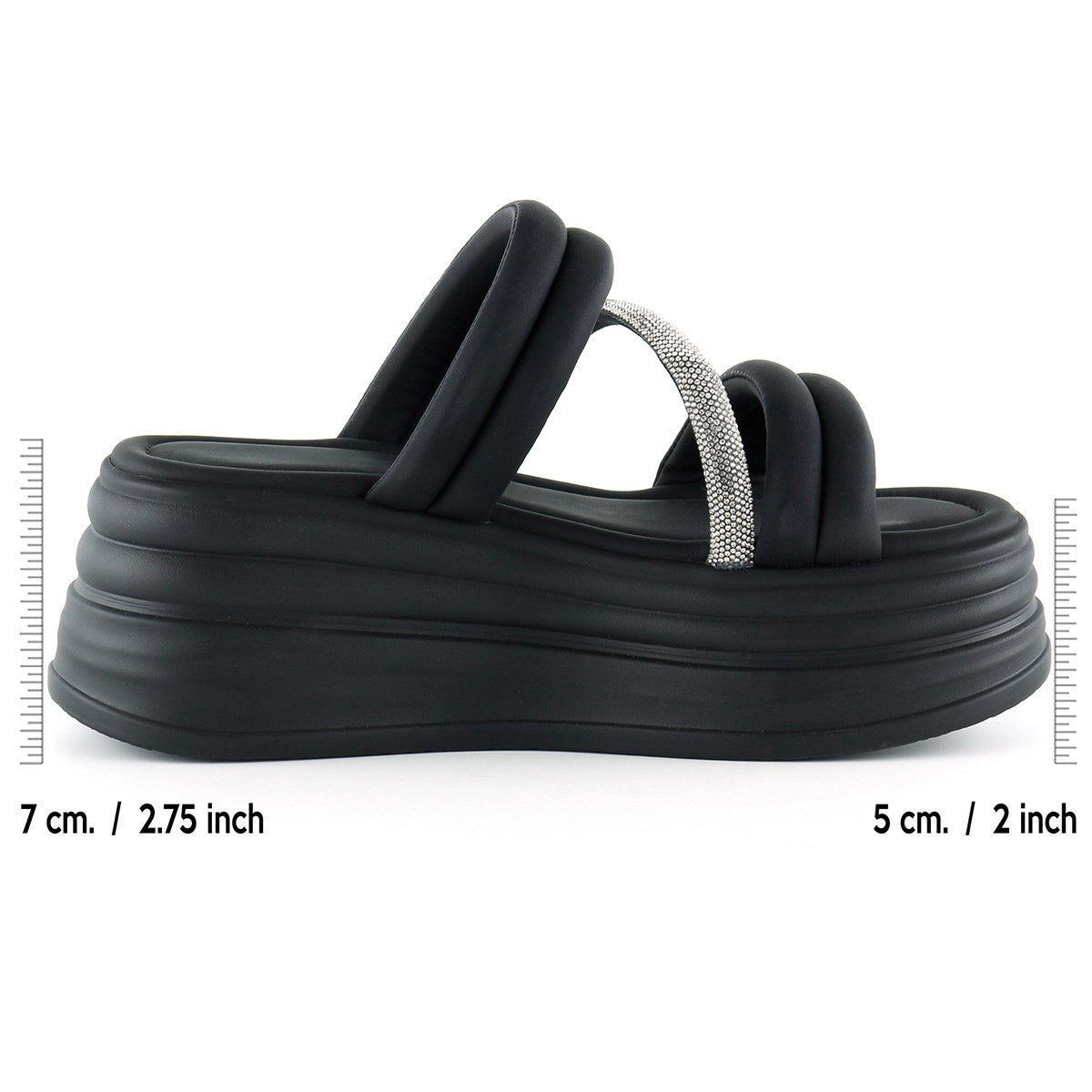 [7028] Siyah Dolgu Taban Gümüş Taşlı Bantlı Platform Terlik