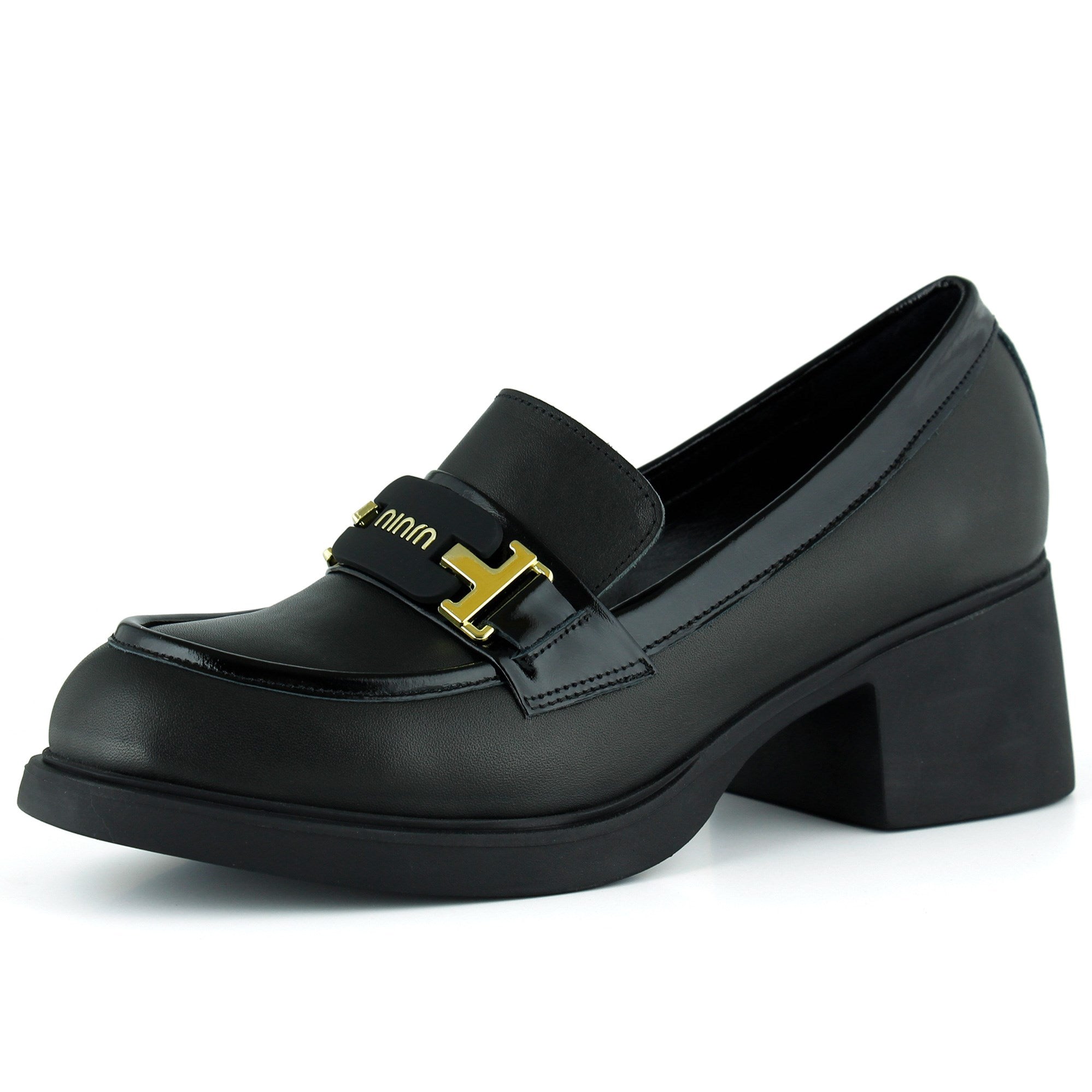 [MAX 53-133] Siyah Hakiki Dana Derisi Rugan Detaylı Tokalı Kalın Topuklu Günlük Loafer Ayakkabı