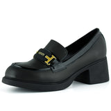 [MAX 53-133] Siyah Hakiki Dana Derisi Rugan Detaylı Tokalı Kalın Topuklu Günlük Loafer Ayakkabı