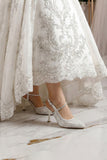 Perola İnci Beyaz Saten Taşlı İncili Arkası Açık Sivri Burun İnce Topuklu Abiye Gelin Ayakkabısı
