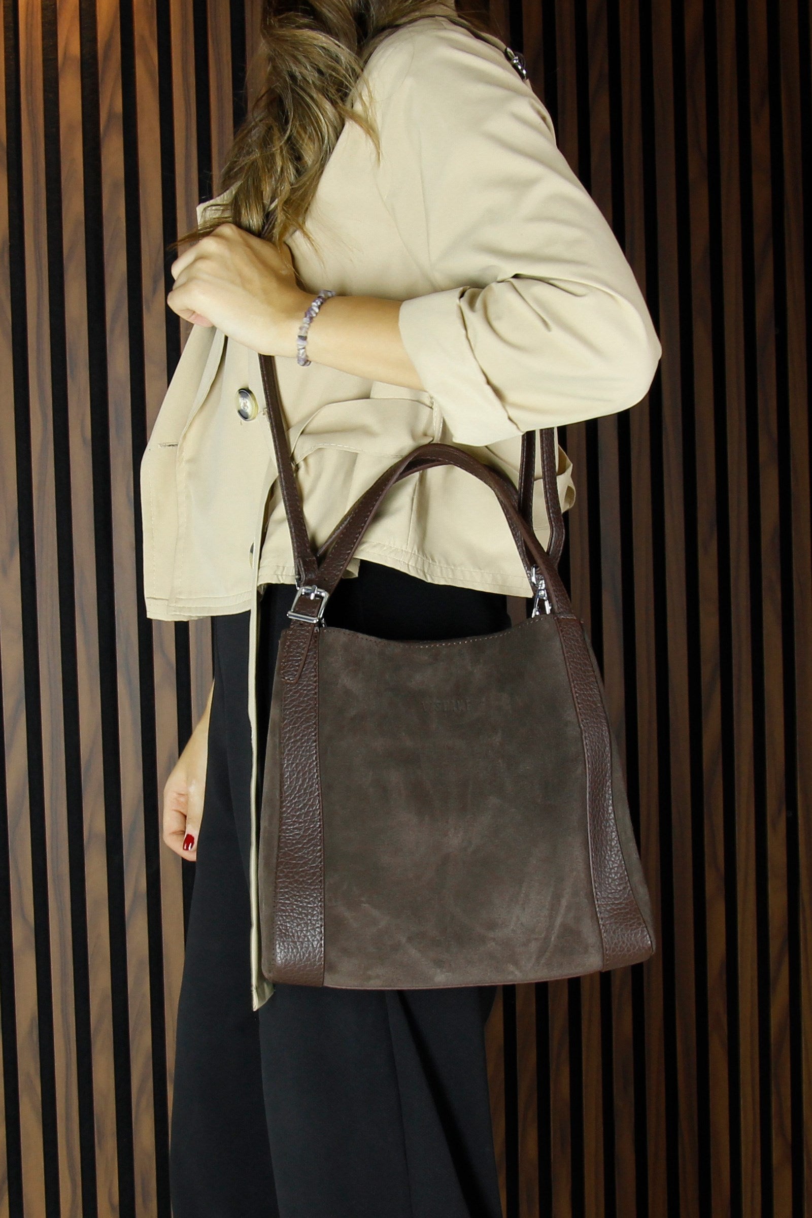 (VSN5012OC) Kahve Hakiki Dana Süet Manyetik Kapaklı Büyük Boy Günlük Omuz Çantası ve Askılı El Çantası