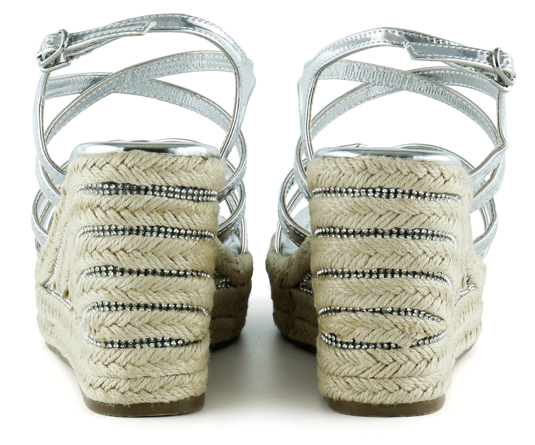 [7002] Gümüş Rugan Çapraz Bantlı Taşlı Zikzak Örgü Jüt Platform Topuklu Sandalet