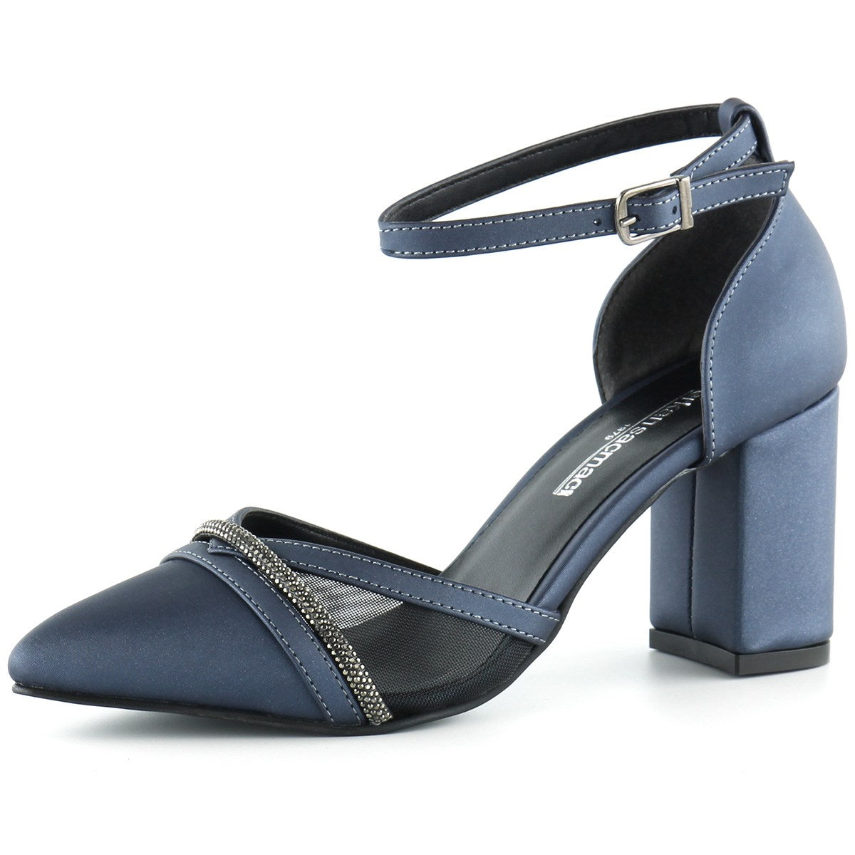 Molly Lacivert Saten Taşlı Fileli Kalın Topuklu Ayakkabı