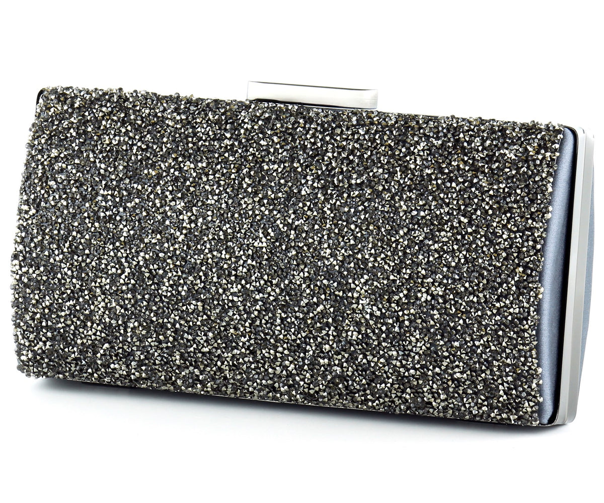 Antrasit Saten Kristal Granül Taşlı Metal Saplı Abiye El Çantası ( ES0013AC )