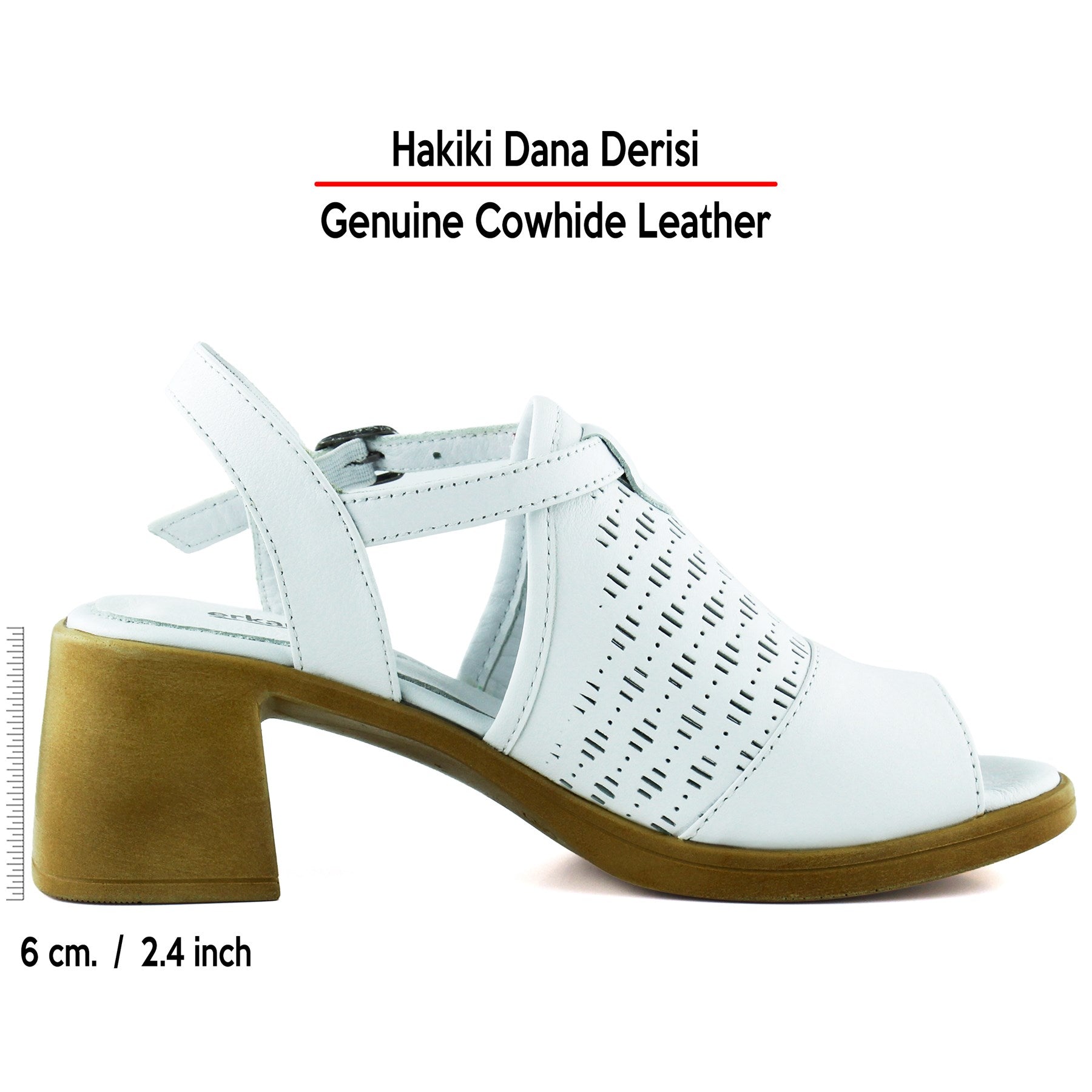 Amanda Beyaz Hakiki Dana Derisi Kesik Detaylı Ayarlanabilir Tokalı Kalın Topuklu Günlük Sandalet