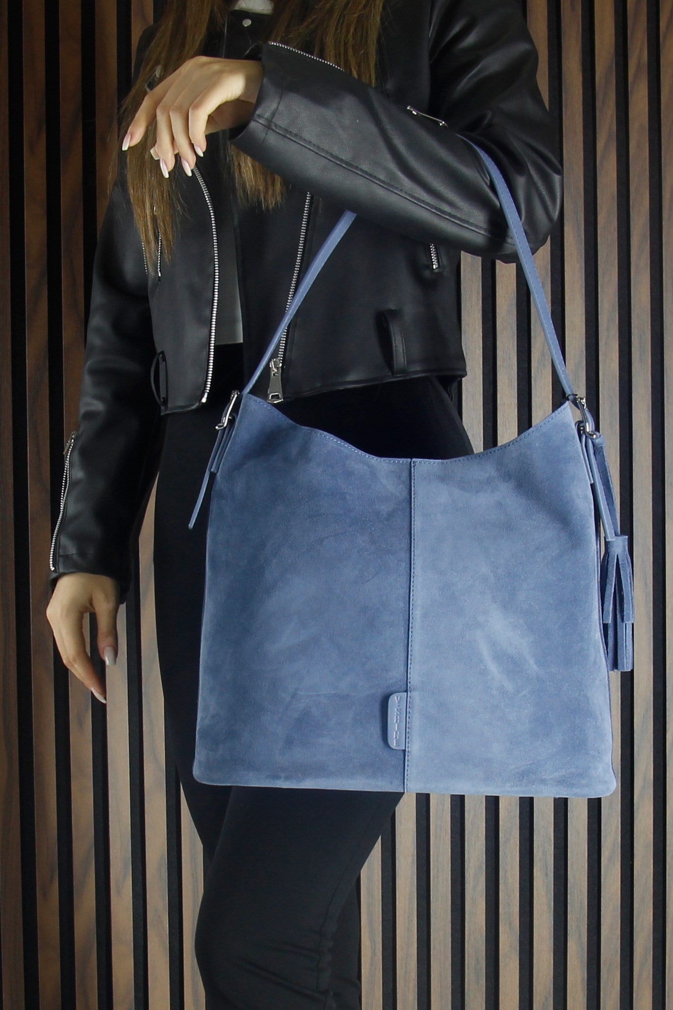 (VSN5016OC) Mavi Hakiki Dana Süet Püsküllü Manyetik Kapaklı Büyük Boy Günlük Omuz Çantası ve El Çantası