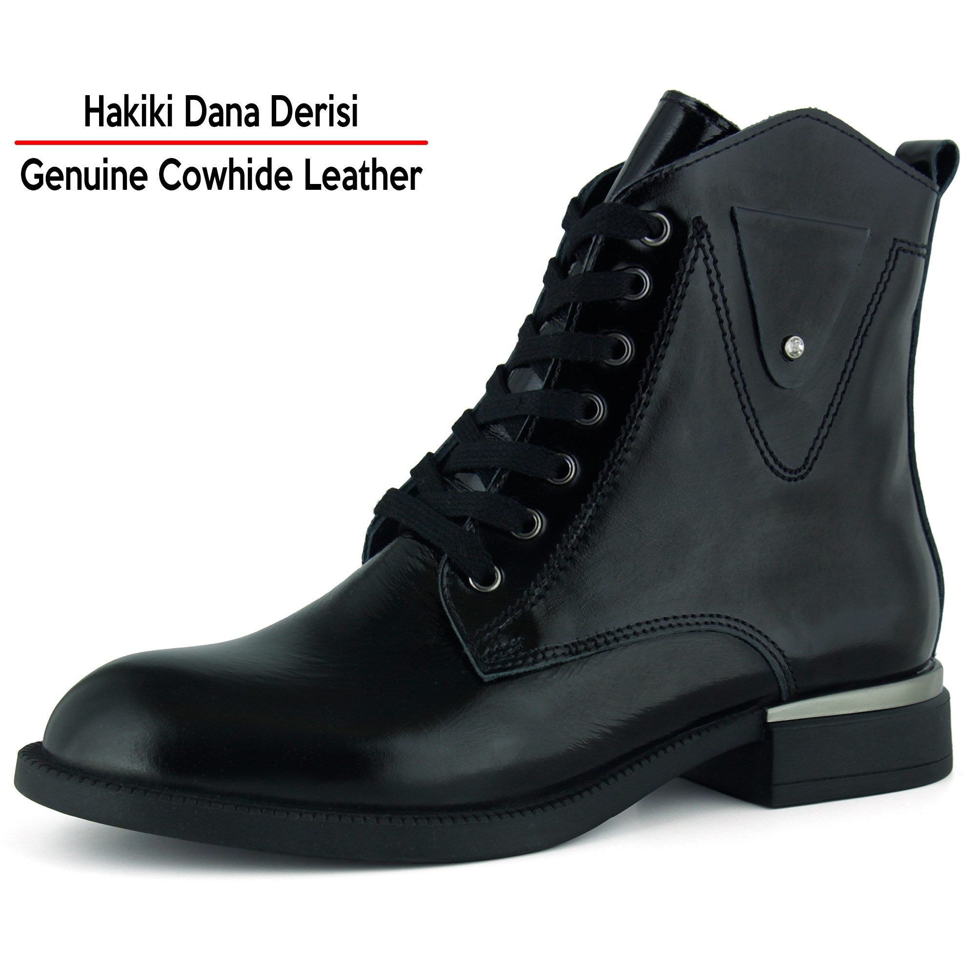 [MAX 401] Siyah Rugan Hakiki Dana Derisi Taşlı Bağcıklı Fermuarlı Yuvarlak Burun Kalın Topuklu Günlük Bot