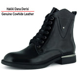 [MAX 401] Siyah Rugan Hakiki Dana Derisi Taşlı Bağcıklı Fermuarlı Yuvarlak Burun Kalın Topuklu Günlük Bot